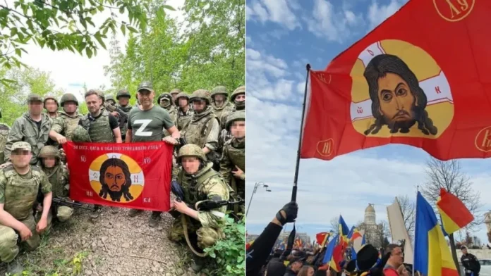 Steagul militar rusesc cu chipul lui Iisus, folosit în proteste extremiste din România Steagul militar rusesc cu chipul lui Iisus, folosit în proteste extremiste din România